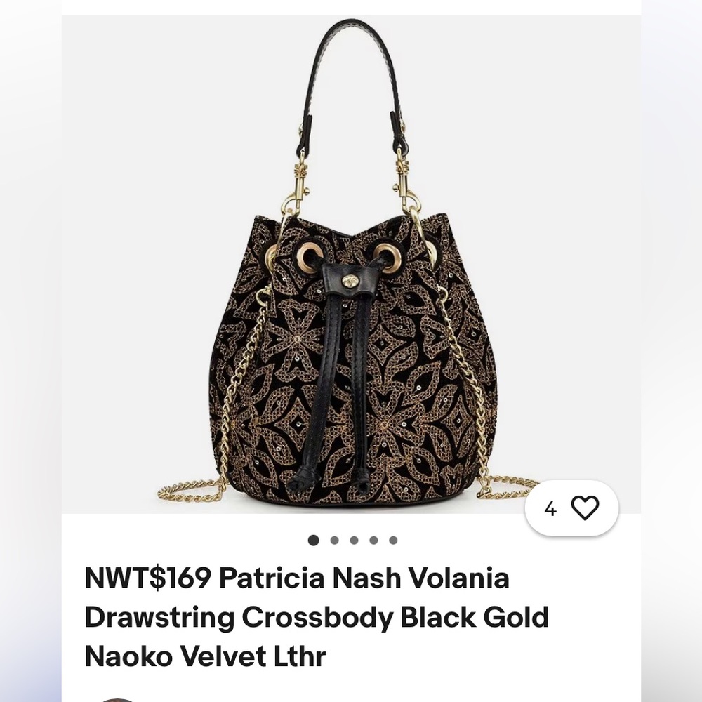 Patricia Nash Black Velvet Drawstring Crossbody with Gold Embroidery